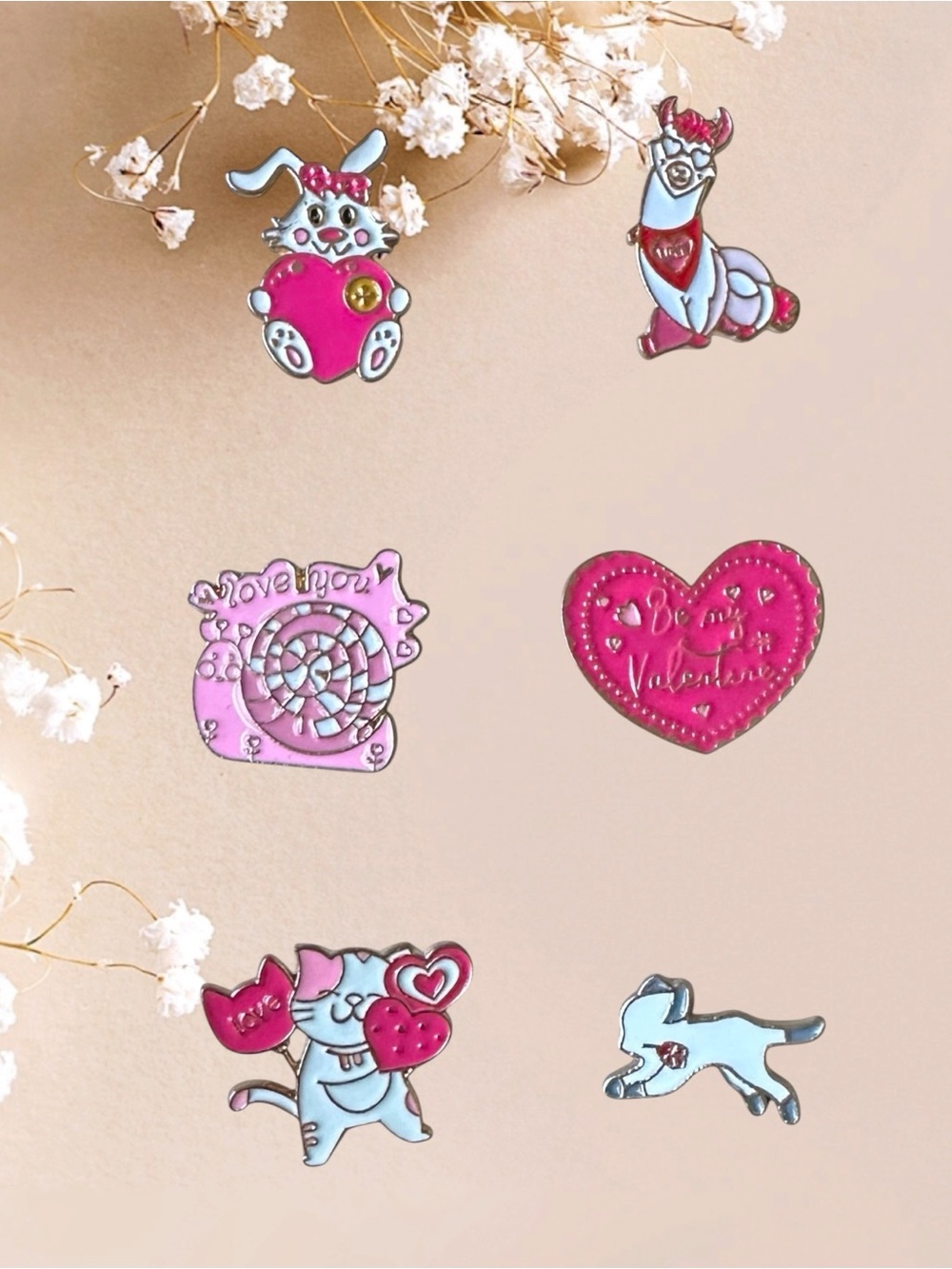 6pc Valentine’s Day Cute Animal Enamel Pin Set - Bunny Llama Cat Heart